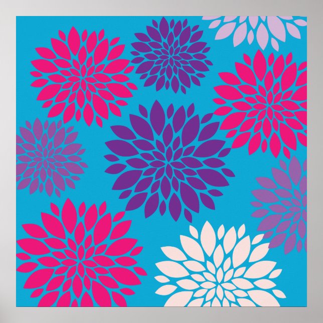 Pink and Purple Flowers on Teal Blue Poster (Front)