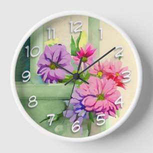 Pink and Purple Flowers on Window Sill Clock