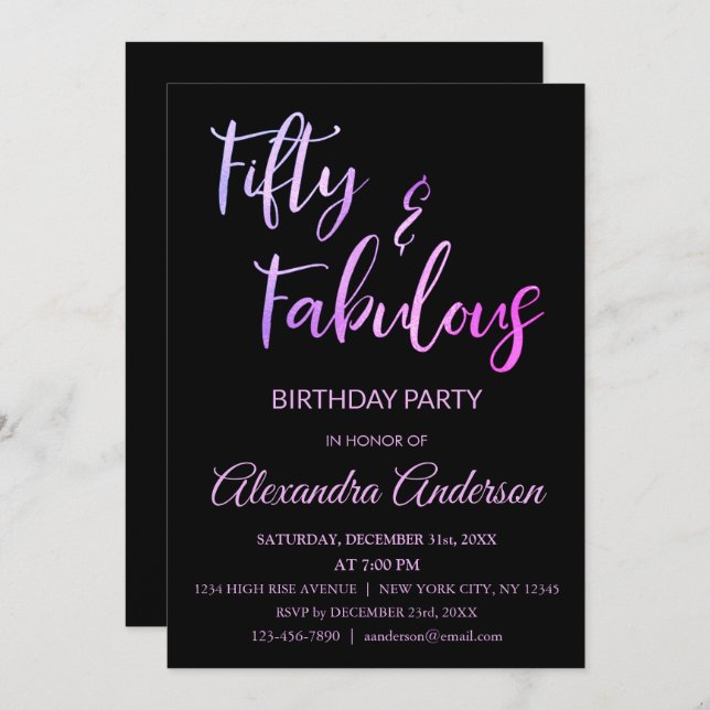 Pink and Purple Foil Fifty and Fabulous Invitation (Front/Back)
