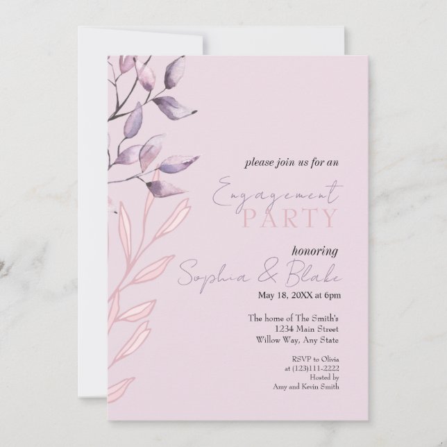 Pink and Purple Foliage Purple Engagement Party Invitation (Front)
