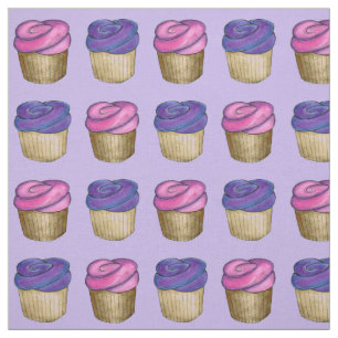 Pink and Purple Frosted Watercolor Cupcakes Art Fabric