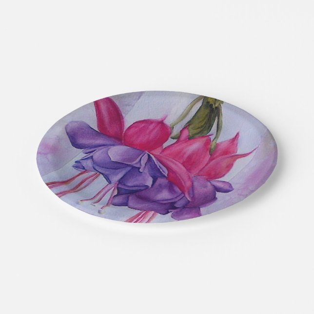PINK AND PURPLE FUSCHIA FLOWER PAPER PLATES (Angled)