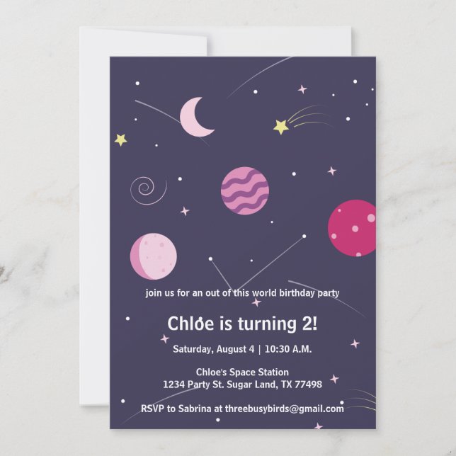 Pink and purple girl Space Moon Birthday Party Invitation (Front)