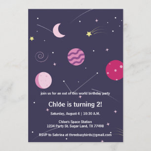 Pink and purple girl Space Moon Birthday Party Invitation
