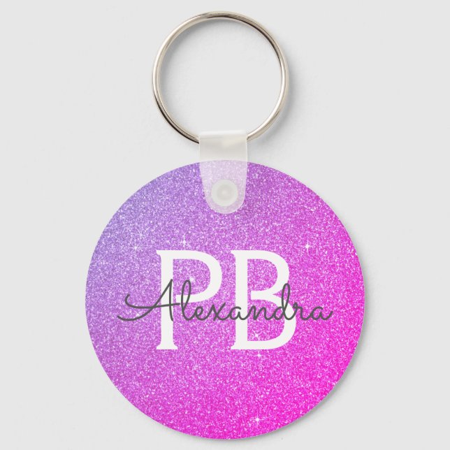 Pink and Purple Glitter & Sparkle Monogram Favour Key Ring (Front)