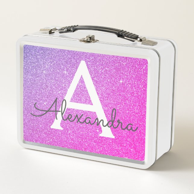 Pink and Purple Glitter & Sparkle Monogram Metal Lunch Box (Front)