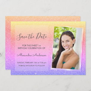 Pink and Purple Glitter Sweet 16 Save the Date Invitation