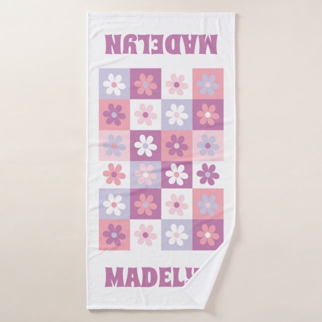 Pink and Purple Groovy Daisy Chequerboard Bath Towel (Bath Towel)