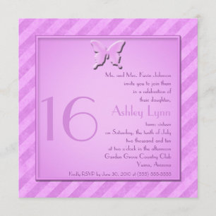Pink and Purple Grunge Stripe Sweet Sixteen Invite