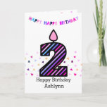 Pink and Purple Happy 2nd Birthday Card<br><div class="desc">A colourful pink and purple 2nd birthday girl card, which you can personalise with her name. The front of this fun 2nd birthday card for her features the number two in a colourful striped design candle. The background has colourful confetti sprinkled around the two candle and above has a happy...</div>
