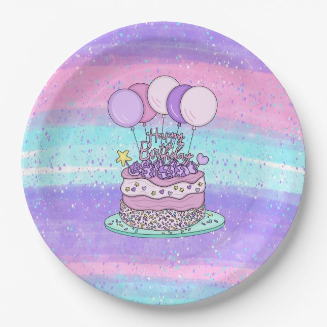 Pink and Purple Happy  Birthday Party Paper Plate (Front)