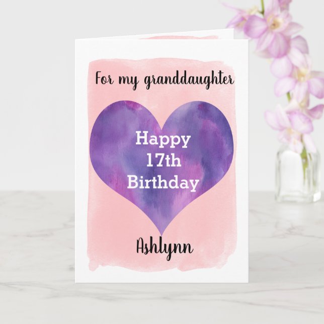 Pink and Purple Heart Granddaughter 17th Birthday Card (Orchid)