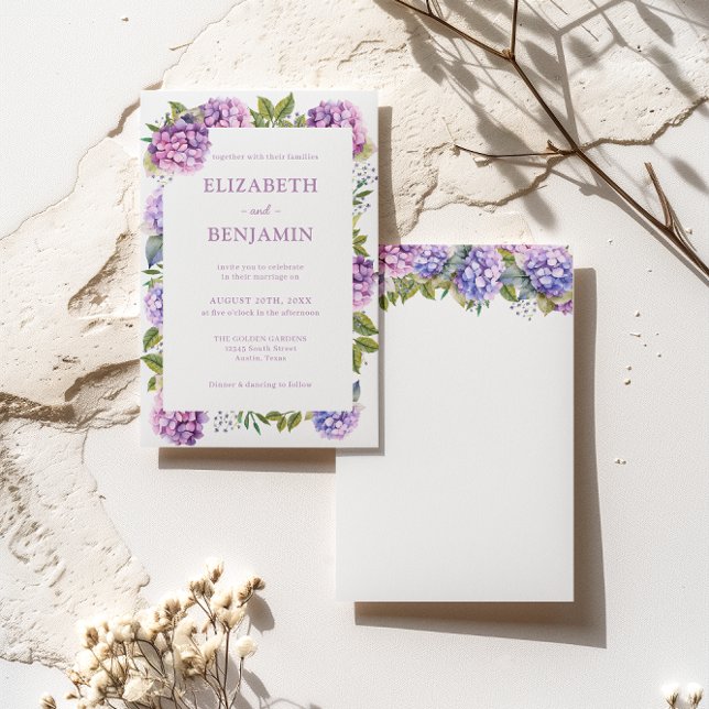 Pink and Purple Hydrangeas Watercolor Wedding  Invitation (Front / Back)