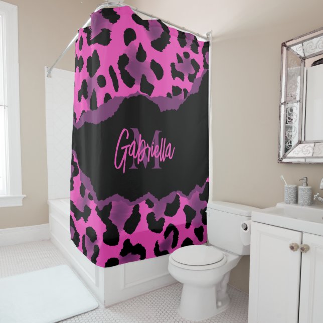 Pink and Purple Leopard Print Shower Curtain (In Situ)