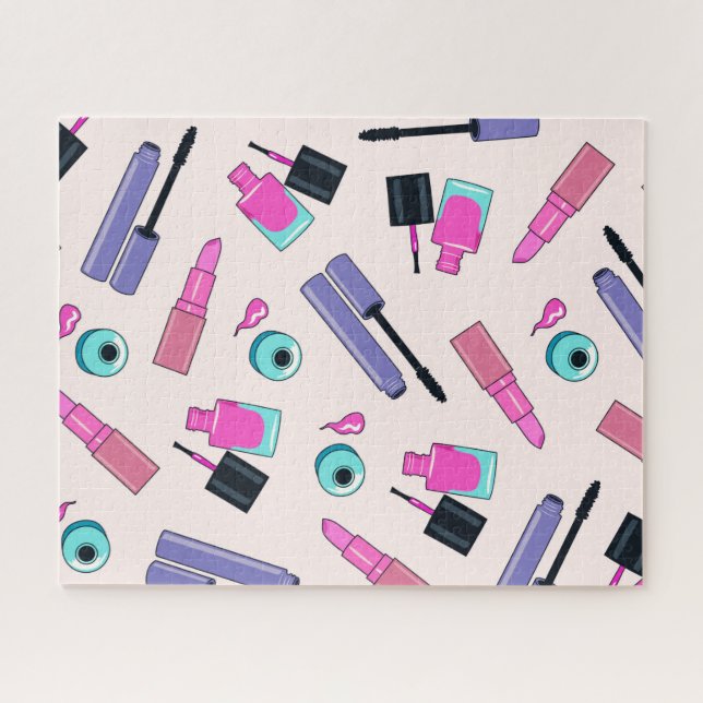 Pink and Purple Make Up Cosmetics Pattern Jigsaw Puzzle (Horizontal)