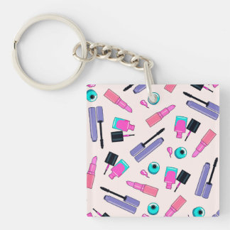 Pink and Purple Make Up Cosmetics Pattern Key Ring