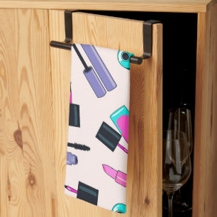 Pink and Purple Make Up Cosmetics Pattern Tea Towel