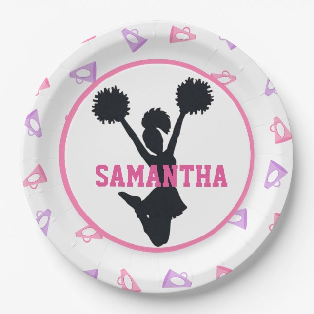 Pink and Purple Megaphones Cheerleader Birthday Paper Plate (Front)