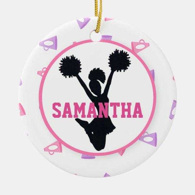 Pink and Purple Megaphones Cheerleader Ceramic Tree Decoration (Front)