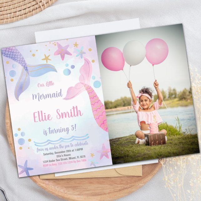 Pink and Purple Mermaid Tails Birthday Invitation (Pink & Purple Mermaid Tails Invitations with photo)