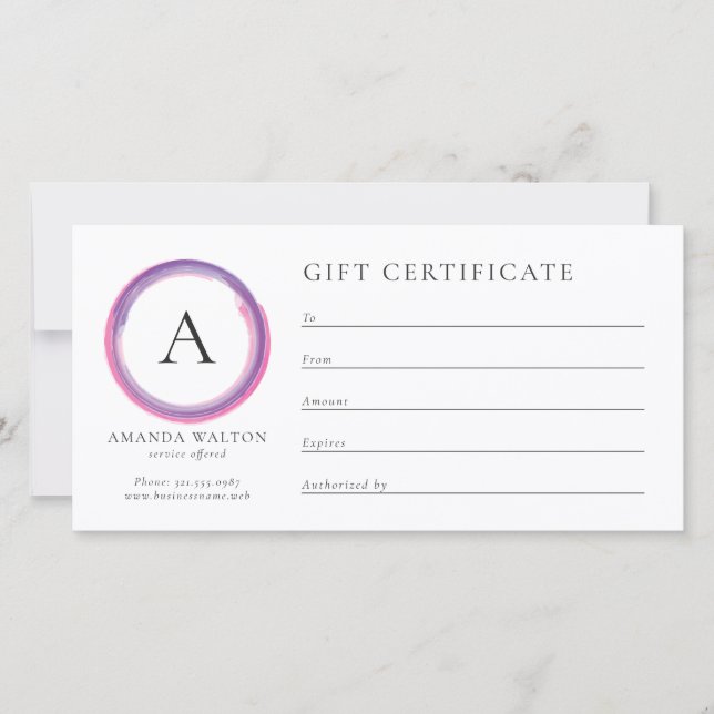 Pink and Purple Monogram Business Gift Certificate (Front)