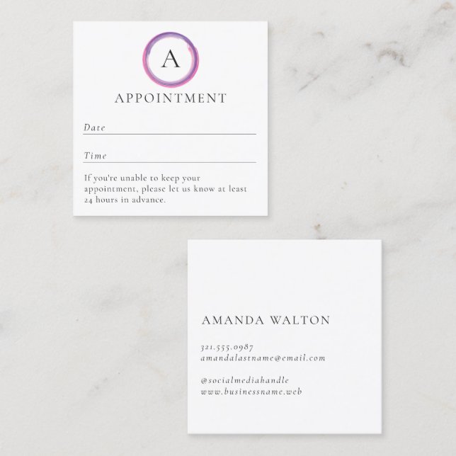 Pink and Purple Monogram Modern Appointment Card (Front/Back)