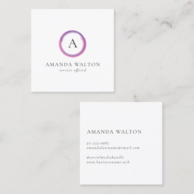 Pink and Purple Monogram Modern Square Business Card (Front/Back)