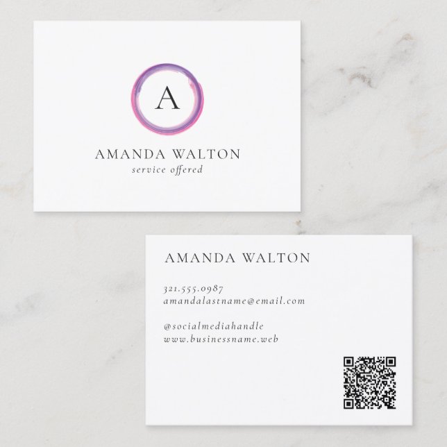 Pink and Purple Monogram QR Code Modern Business Card (Front/Back)