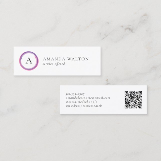 Pink and Purple Monogram QR Code Modern Mini Business Card (Front/Back)