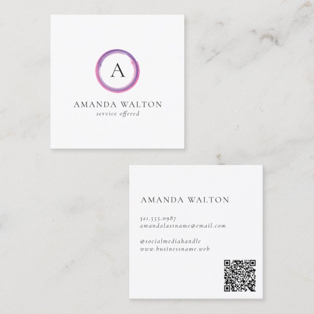 Pink and Purple Monogram QR Code Modern Square Business Card (Front/Back)