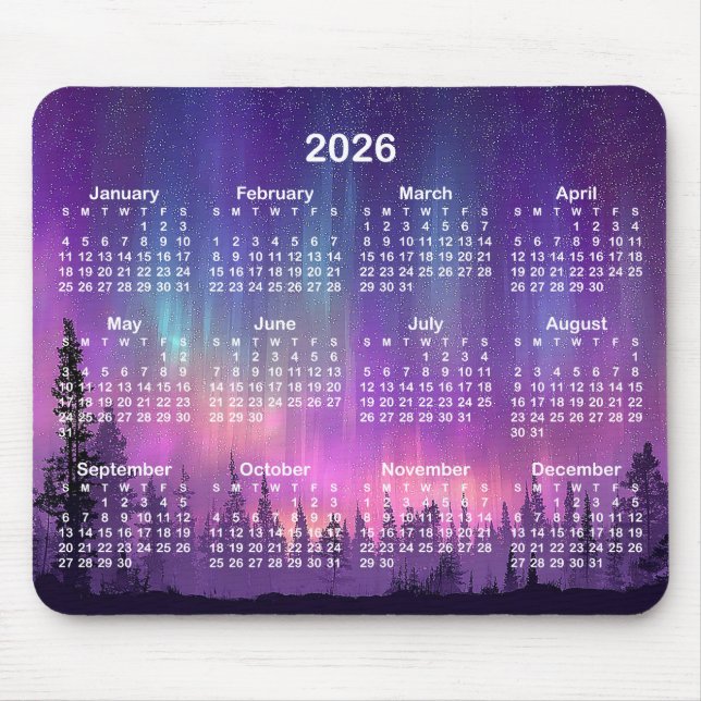 Pink and Purple Northern Lights 2026 Calendar Mouse Pad (Front)