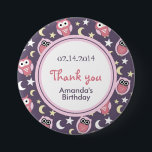 Pink and Purple Owl Cartoon Birthday Pin<br><div class="desc">Cute little birds. Midnight Owl cartoon with moon and stars pattern. Hosting a sleepover birthday party or baby shower? Get it as a thank you gift for your little guest. Fun and colourful party favours to keep the memory fresh.</div>