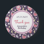 Pink and Purple Owl Cartoon Birthday Pin<br><div class="desc">Cute little birds. Midnight Owl cartoon with moon and stars pattern. Hosting a sleepover birthday party or baby shower? Get it as a thank you gift for your little guest. Fun and colourful party favours to keep the memory fresh.</div>
