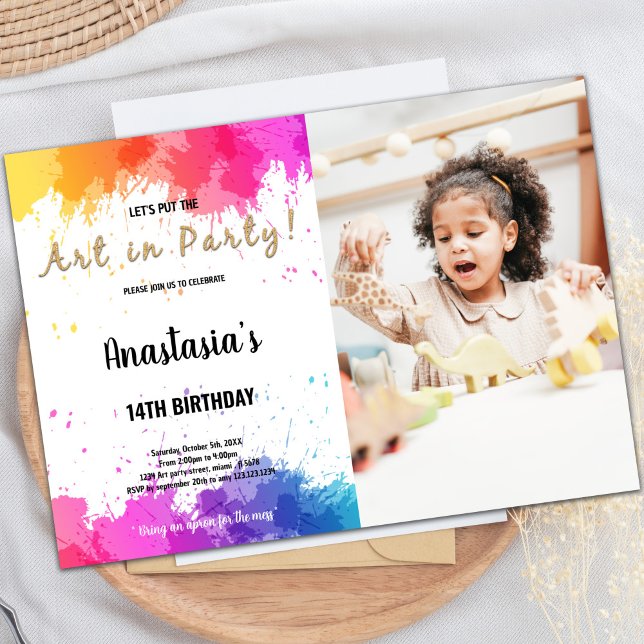 Pink and Purple Paint Birthday Invitation (Pink Purple Paint Invitations with photo)
