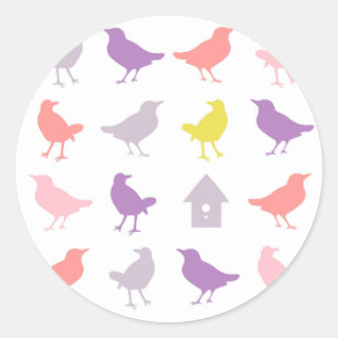 Pink and Purple Pastel Birds with Birdhouse Classic Round Sticker