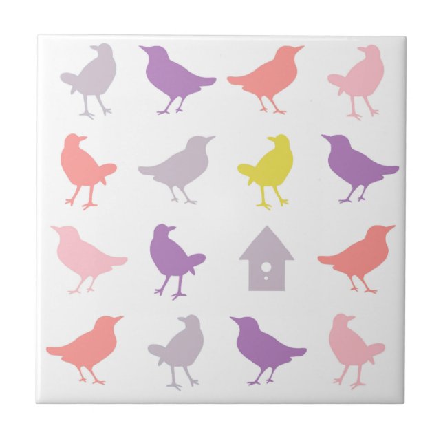 Pink and Purple Pastel Birds with Birdhouse Tile (Front)