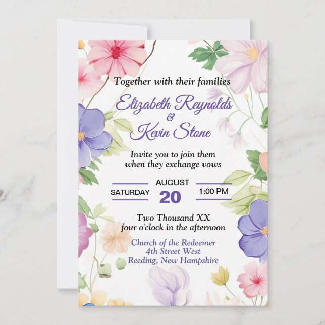 Pink and Purple Pastel Wildflowers Wedding Invitation (Front)