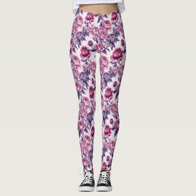 Pink and Purple Peonies and Roses Leggings (Front)