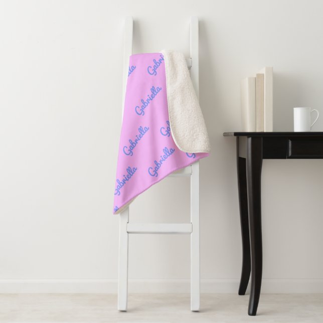 Pink and Purple Personalised Cursive Name Pattern Sherpa Blanket (In Situ)