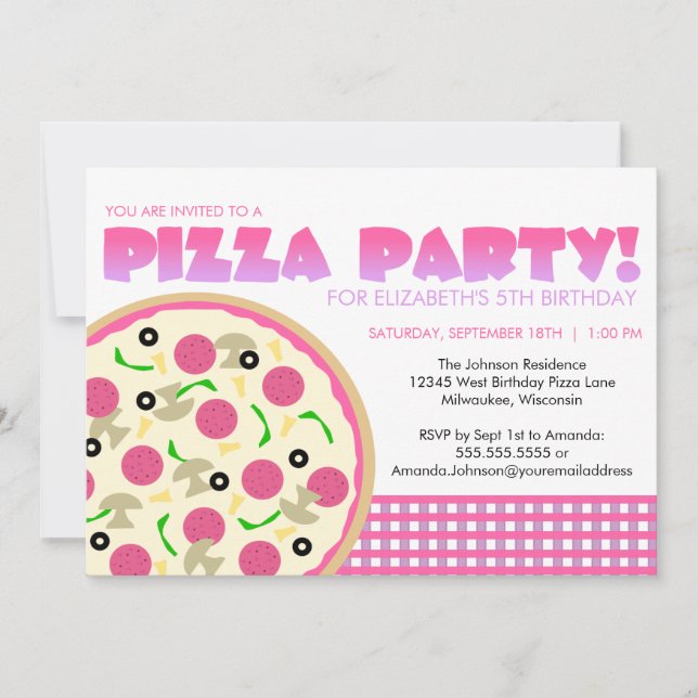 Pink and Purple Pizza Party Invitation (Front)