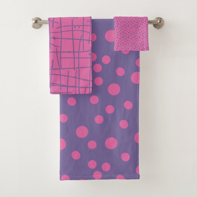 Pink and Purple polka dots and grid Bath Towel Set (Insitu)