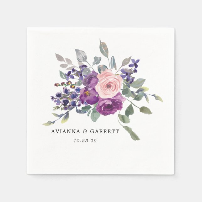 Pink and Purple Rose Floral Personalised Wedding Napkin (Front)