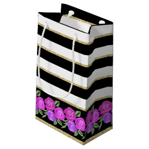 Pink and Purple Roses, Black, White, Gold Gift Bag