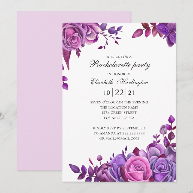 Pink and purple roses. Floral bachelorette party Invitation (Front/Back)