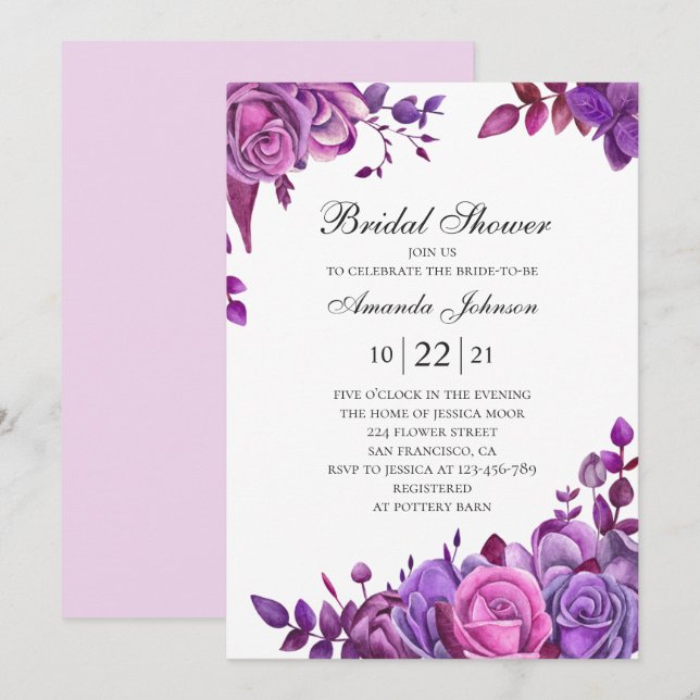 Pink and purple roses. Floral lilac bridal shower Invitation (Front/Back)