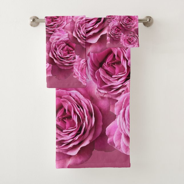 Pink and purple roses patterns bath towel set (Insitu)