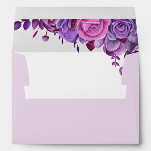 Pink and purple roses. Watercolor flowers wedding Envelope