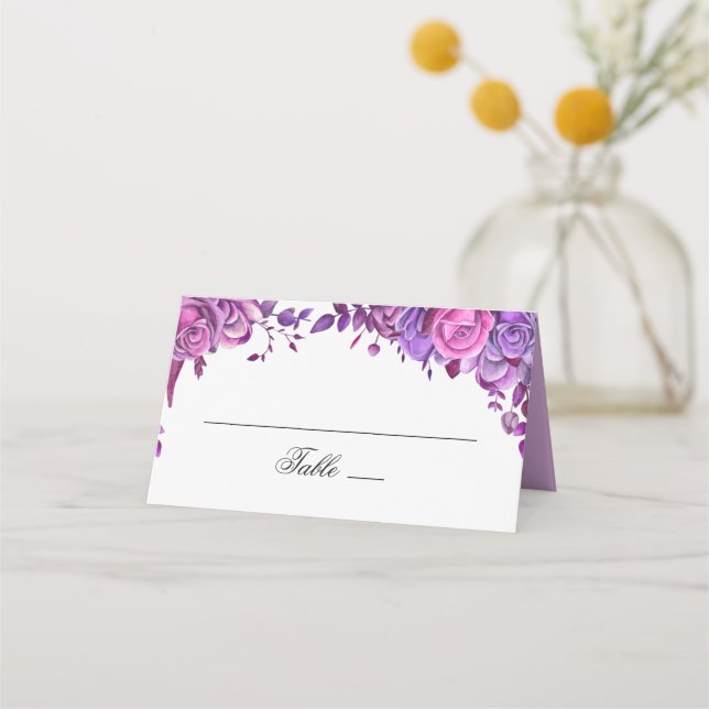 Pink and purple roses. Watercolor flowers wedding Place Card (Front)