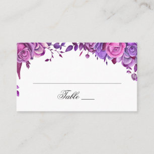 Pink and purple roses. Watercolor flowers wedding Place Card