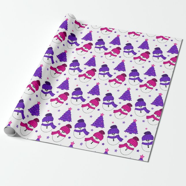 Pink and Purple Snowman Christmas Tree Gift Wrap (Unrolled)